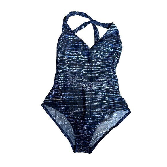 Speedo Swimsuit Womens Size 10 Ultraback One Piece Blue‎ Black Purple Geometric - Picture 1 of 4